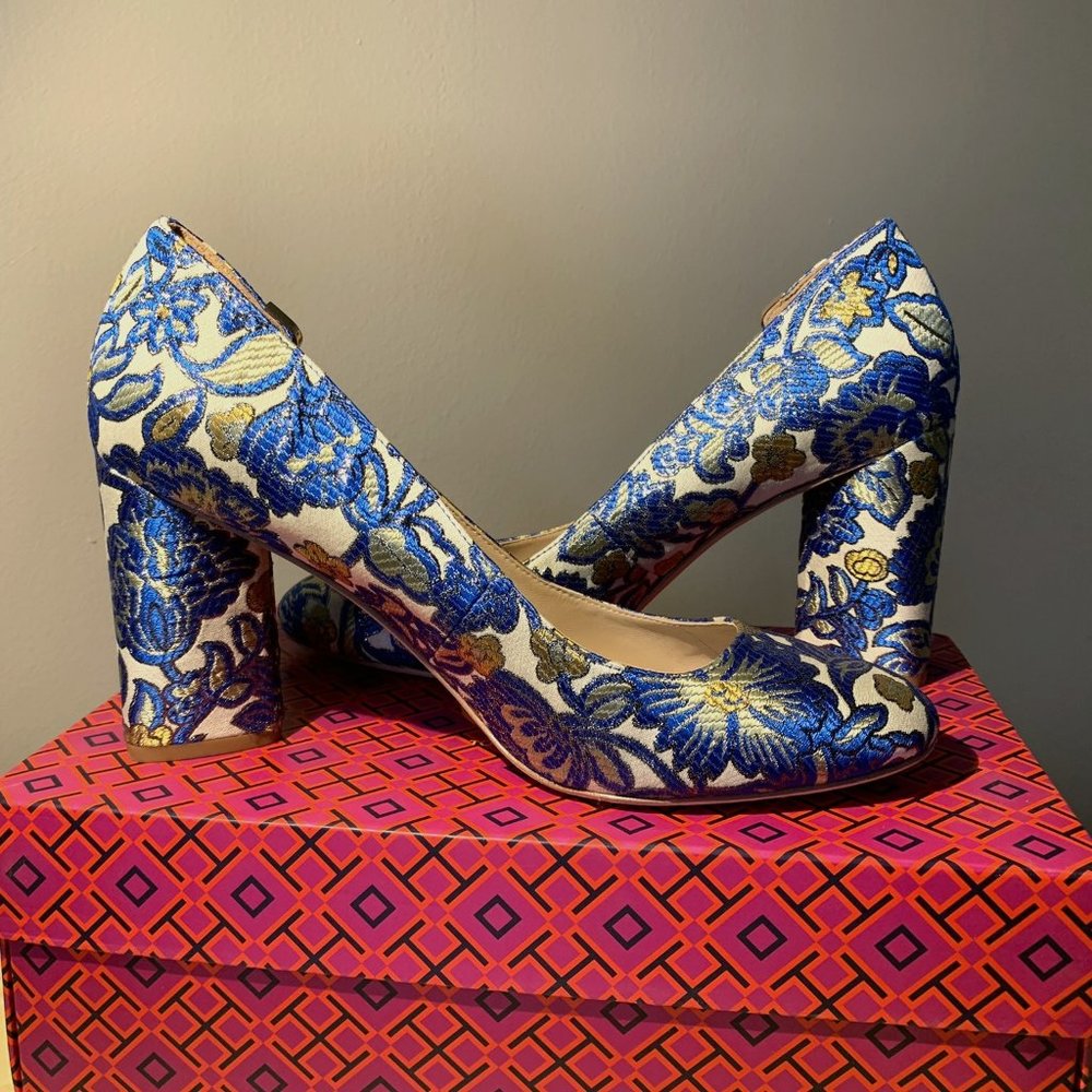 Tory Burch Elizabeth Metallic Gold and Blue Brocade 85MM